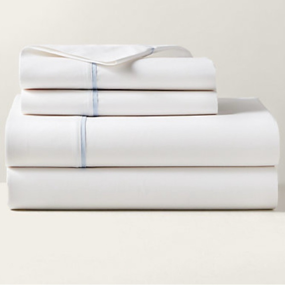 Ralph Lauren Organic Cotton Palmer Queen White w/Sky Blue Flat Sheet ONLY